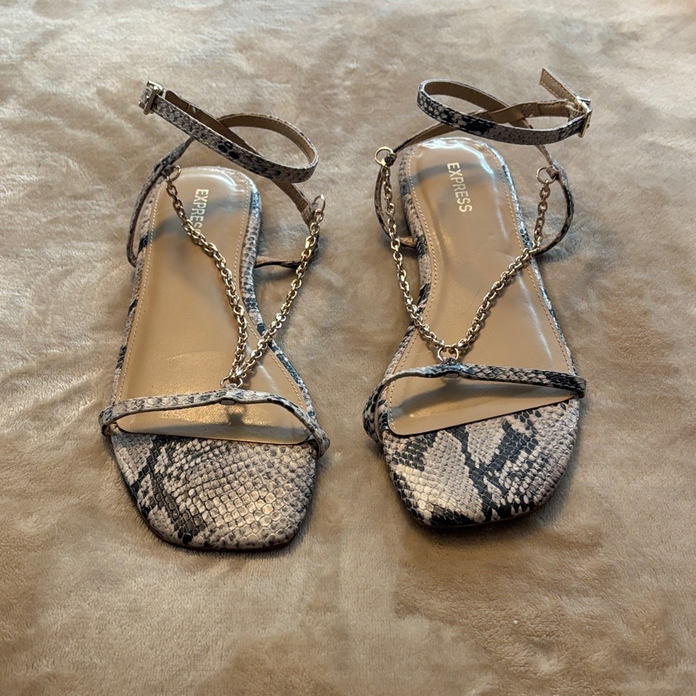Express Snake Print Sandals with Chain Detail